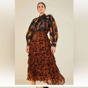 Farm Rio Caramel Maxi Leopard Frill Skirt